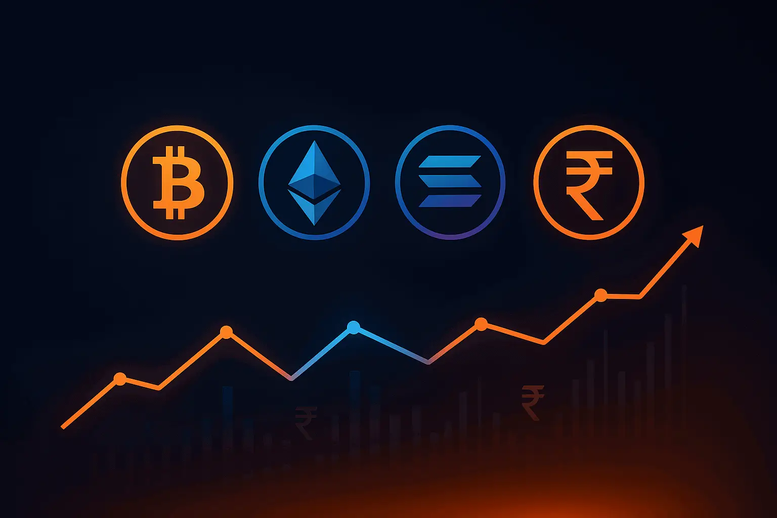 Top crypto coins Bitcoin, Ethereum, Solana above glowing financial charts with Indian Rupee symbols