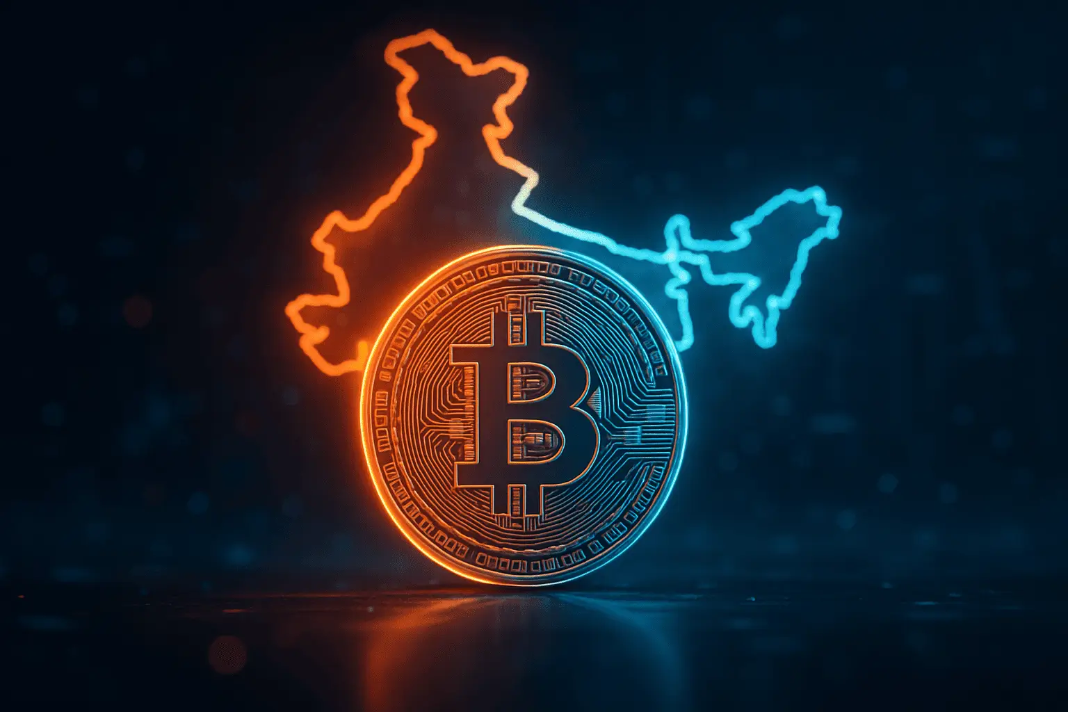 Bitcoin coin with glowing India map — symbol of crypto investment in India