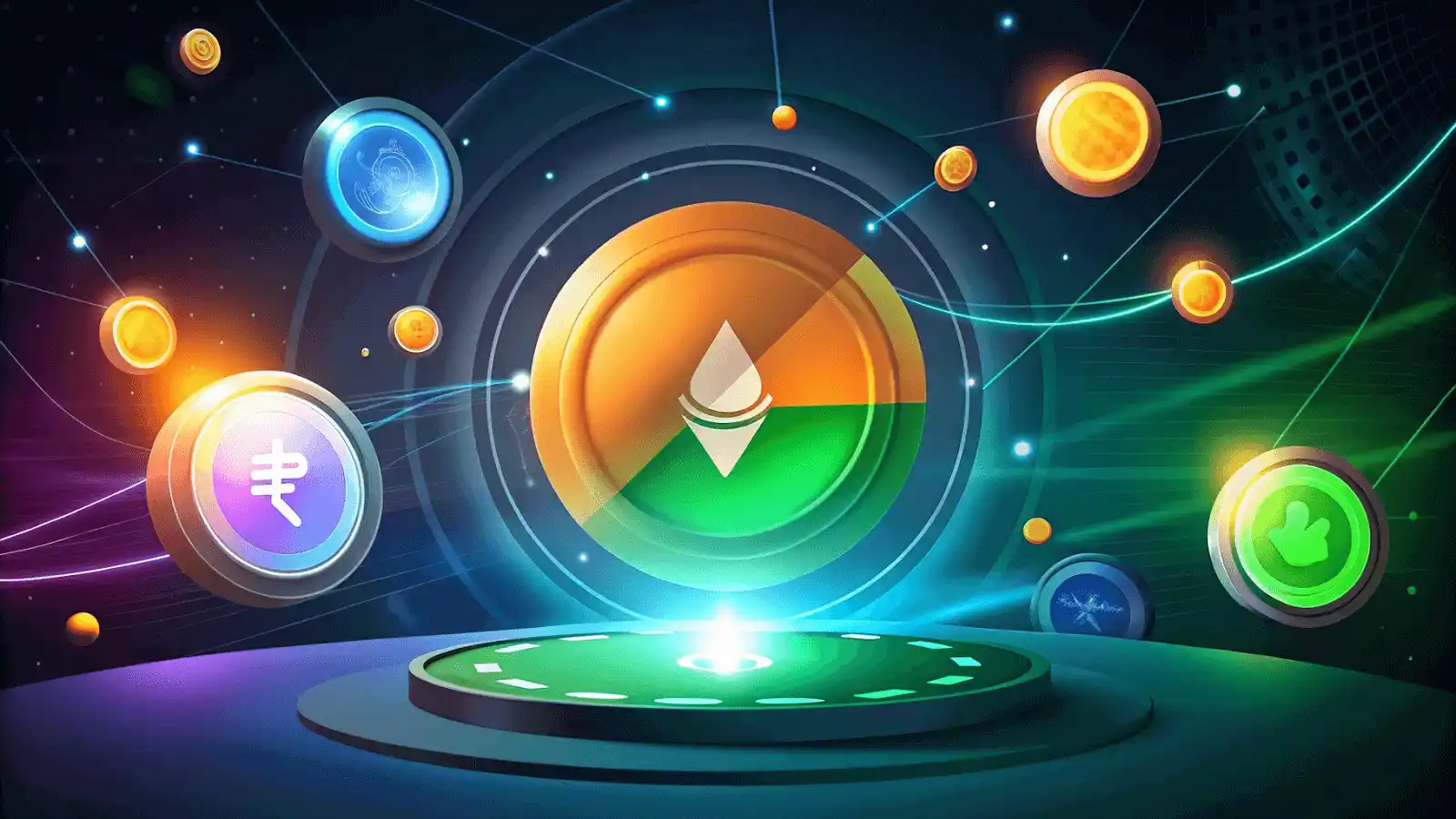 Representation of legal status of crypto trading in India with digital rupee and crypto icons