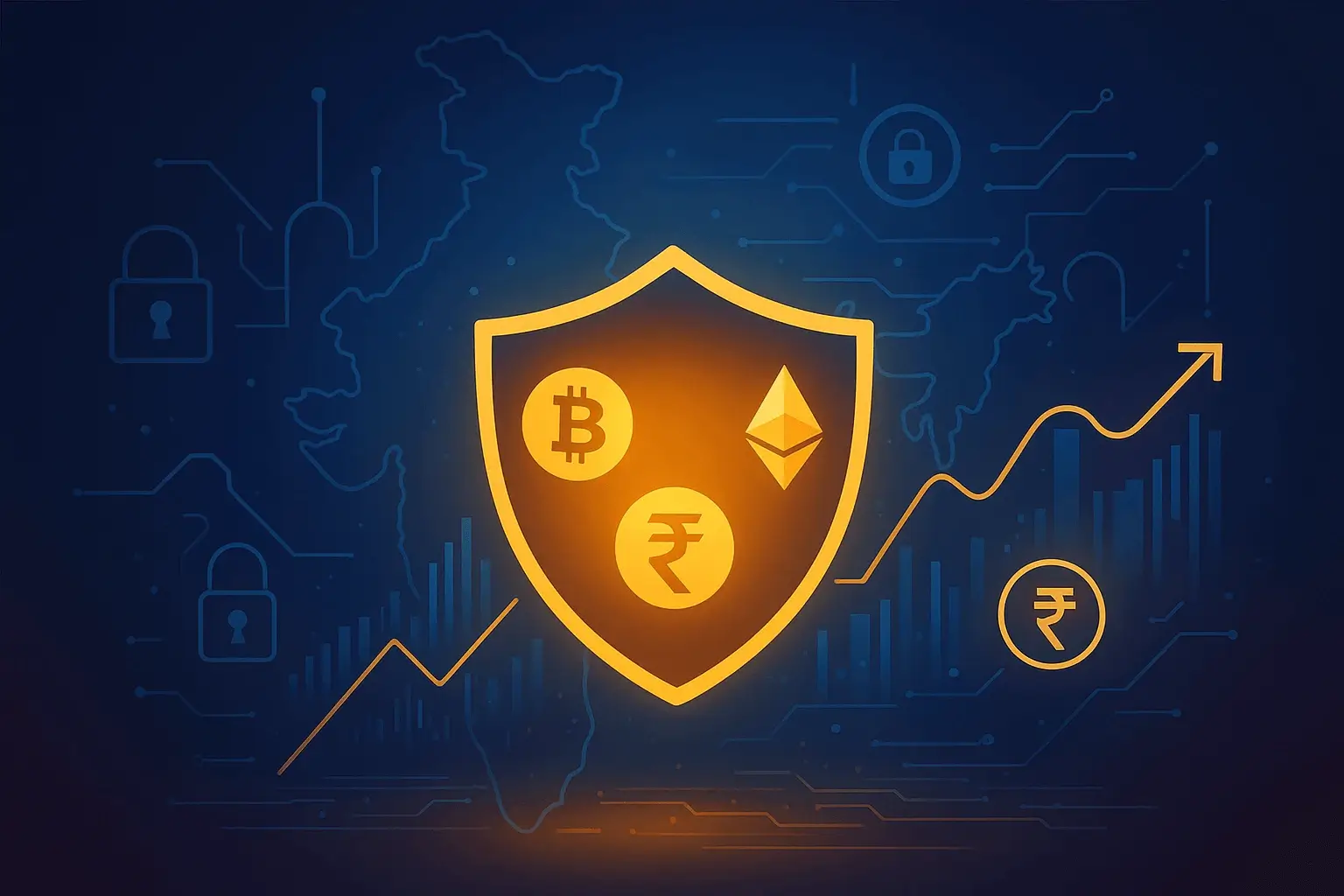 Glowing shield with Bitcoin, Ethereum, and Indian Rupee symbols — safe cryptocurrency investment in India 2025